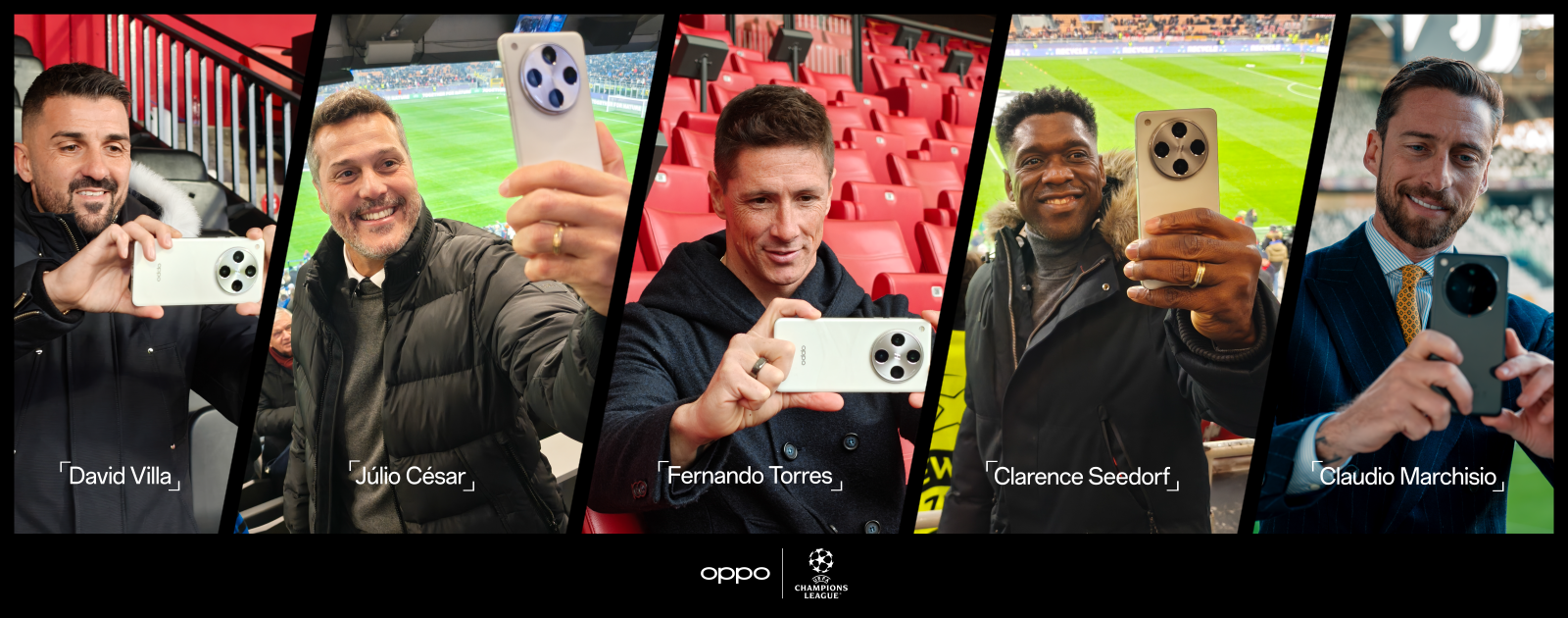 David Villa, Júlio César, Fernando Torres, Clarence Seedorf, and Claudio Marchisio reunite to experience the UEFA Champions League from a new perspective, capturing the action with OPPO Find X8 Pro